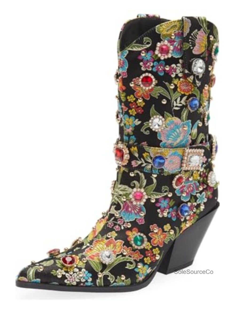Western Cowboy Boots Women Flower Embroidered Rhinestone Mid Calf Pointed Toe